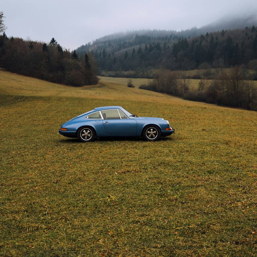 Porsche 911 clásico azul en un prado